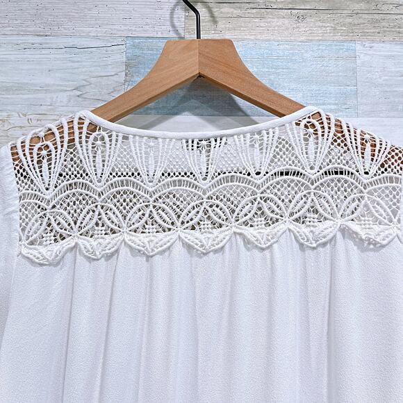 JOIE Coastal Lace Crochet Trim Top Blue Porcelain White Relaxed Fit Womens Small - Picture 4 of 6